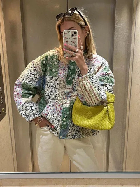 Dames casual jas in levendig groen patchwork – lichtgewicht zomerouterwear