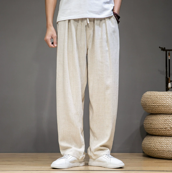 Leren lichte linnen broeken voor heren - loose fit casual wear in khaki