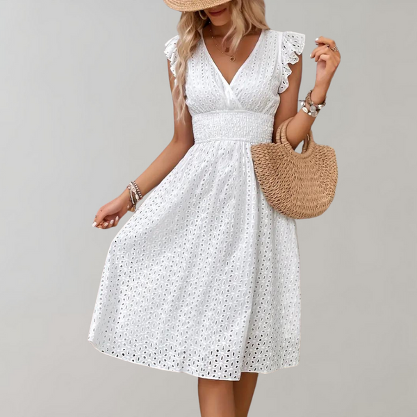 Witte zomerjurk - elegante midi jurk voor dames met ruches mouwen