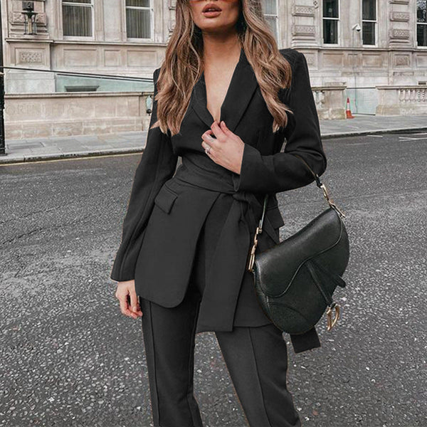 2-delige dames blazer en broek set - elegante kantooroutfit in stijlvol zwart