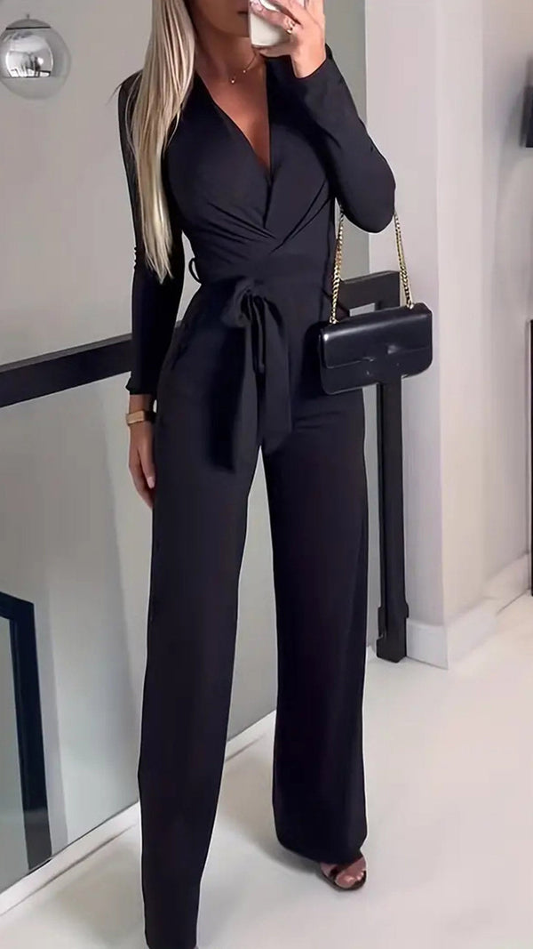 Dames jumpsuit elegante wikkel v-hals zwarte casual outfit - stijlvolle lange mouwen lounge set voor vrouwen