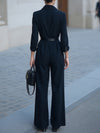 Dames jumpsuit elegante wijd-uitlopende broek zwart avondkleding - dubbel-geknopte ceintuur voor verfijnde dames