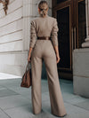 Dames jumpsuit taupe met ceintuur en wijde pijpen - elegante kantoorkleding