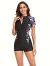 Dames zwart zip-up short sleeve badpak - geometrische print zwemkleding voor zwembad & strandactiviteiten