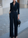 Dames jumpsuit elegante wijd-uitlopende broek zwart avondkleding - dubbel-geknopte ceintuur voor verfijnde dames