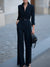 Dames jumpsuit elegante wijd-uitlopende broek zwart avondkleding - dubbel-geknopte ceintuur voor verfijnde dames