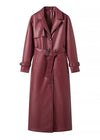 Lange leren trenchcoat - elegante rode damesjas - Bakkermode.nl