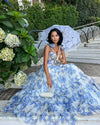 Sophia blossom - elegante bloemen maxi jurk met schouderbanden in blauw