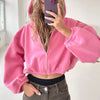 Cropped hoodie - korte sweater voor dames met ritssluiting en ballonmouwen - Bakkermode.nl