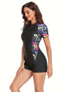 Dames zwart zip-up short sleeve badpak - geometrische print zwemkleding voor zwembad & strandactiviteiten