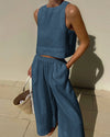 2-delige dames linnen crop top en wijde been broek set - stijlvolle zomerset voor dames
