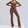 Nieuwe vierkante hals jumpsuit met lange mouwen - yoga fitness sport broek met wijde pijpen ademend dames bodysuit - Bakkermode.nl