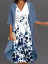 2-delige casual jurk voor vrouwen met bloemenprint – midi dress met jack in blauw en wit voor de zomer