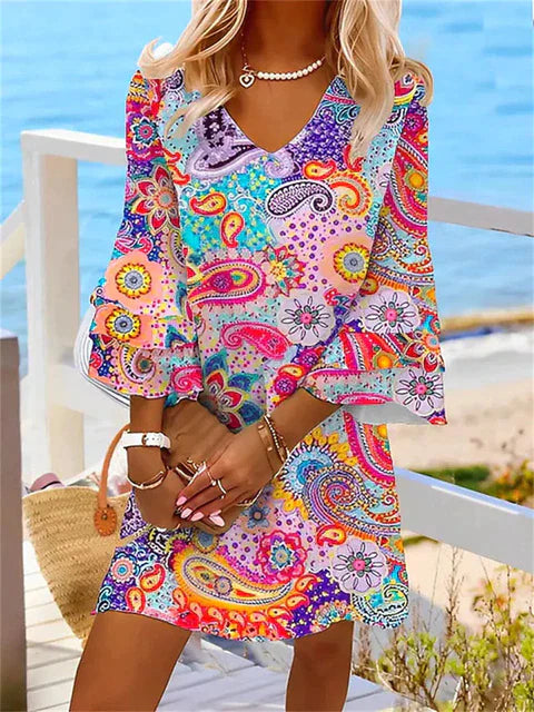 Multicolor geprinte jurk - casual dames korte mouwen strandmode