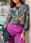 Gouden lotus bloemen satin geprinte blouse - elegante blauwe damesblouse
