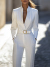 Dames tailored jumpsuit met riem in elegant wit - chique kantoorkleding voor verfijnde evenementen