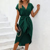 Dames casual jurken met strikceintuur v-hals midi jurk in elegant groen - stijlvol voor speciale gelegenheden