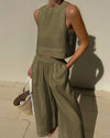 2-delige dames linnen crop top en wijde been broek set - stijlvolle zomerset voor dames