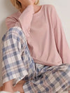 2-delige dames loungewear set - lange mouw top en geruite broek