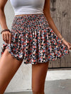 Florale mini rok - kastanjebruine dames rok met ruffle zoom