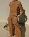 2-delige dames linnen crop top en wijde been broek set - stijlvolle zomerset voor dames