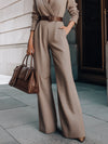 Dames jumpsuit taupe met ceintuur en wijde pijpen - elegante kantoorkleding