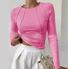 Slim fit lange mouwen t-shirt - dames effen split trui met gebreid patroon - Bakkermode.nl