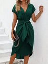 Dames casual jurken met strikceintuur v-hals midi jurk in elegant groen - stijlvol voor speciale gelegenheden