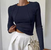 Slim fit lange mouwen t-shirt - dames effen split trui met gebreid patroon - Bakkermode.nl