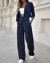 2-delige blazer en pantalon - gestreepte cropped blazer en wijde pantalon met hoge taille - Bakkermode.nl