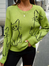 Kattenprint trui - stijlvolle groene damespullover - Bakkermode.nl