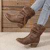 Dames enkellaarzen - casual bruine laarzen met blokhak, ruches en westernlook - Bakkermode.nl