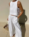 2-delige dames linnen crop top en wijde been broek set - stijlvolle zomerset voor dames