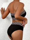2-delige dames bandeau bikini set in zwart met luipaardprint afwerking - trendy strandmode voor de zomer