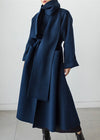 Wollen wikkeljas - elegante blauwe lange damesjas met sjaal