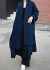 Wollen wikkeljas - elegante blauwe lange damesjas met sjaal
