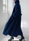 Wollen wikkeljas - elegante blauwe lange damesjas met sjaal
