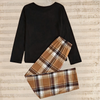 2-delige zwarte damespyjama set - t-shirt met ronde hals en geruite broek