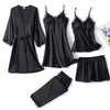 5-delige zwarte satijnen pyjama set - luxe sleepwear met kant