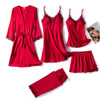 5-delige zwarte satijnen pyjama set - luxe sleepwear met kant
