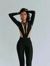 Dames zwarte jumpsuit met diepe v-hals - trendy lange mouwen stijl