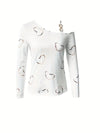 Dames one-shoulder top met hartjesprint - witte casual tee met elegante lange mouwen voor dagelijks gebruik
