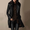 Zwarte lange leren damesjas - dubbele knoopsluiting met shearling kraag en riemdetails - Bakkermode.nl