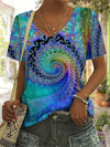 Dames v-hals t-shirt - kleurrijke abstracte print