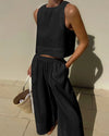 2-delige dames linnen crop top en wijde been broek set - stijlvolle zomerset voor dames