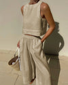 2-delige dames linnen crop top en wijde been broek set - stijlvolle zomerset voor dames