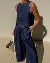 2-delige dames linnen crop top en wijde been broek set - stijlvolle zomerset voor dames