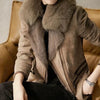 Suède dames bikerjack - elegant bruin jack met imitatiebontkraag - Bakkermode.nl
