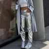 Dames grijs metallic broek - glanzende modebroeken voor casual of feestelijke gelegenheden