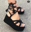 Zwarte vetersandalen met sleehak - Bakkermode.nl